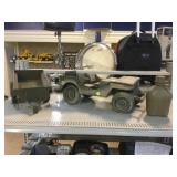Plastic military jeep, trailer/wagon and canteen.