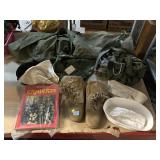 Military oversize duffle bag, boots, hats and