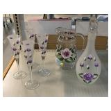 Handpainted art glass decanter, pitcher, stemware