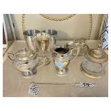 Candle snuffer, pewter cups, coin dish, lidded