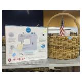 Singer Sewing Machine in box and large wicker
