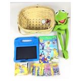 Amazon tablet in kid case, kermit the frog plush