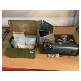 Celestron explorascope, vintage sewing box with