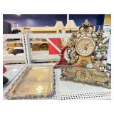 Decorative mantle clocks and metal platter tray
