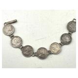 Silver Bracelet W/silver Coins, Tw 20g, Sz 7in