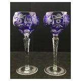 2 Crystal wine glasses, cobalt blue cut to clear,