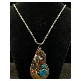 Sterling Navajo Pendant W/turquoise, Bear Claw &