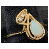 14k Gold Ring W/mop & Diamonds, Tw 2.9g, Sz 7