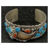 Sterling Indian Cuff Bracelet Sign Js W/turquoise,