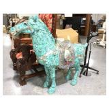 Large Turquoise Mosaic & Stone Horse Sculpture w/