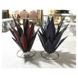 2 Metal Garden Art Agave Plants. Red and Blue
