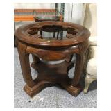 Solid wood round accent table, missing glass,
