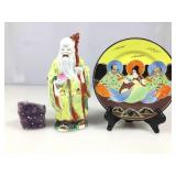 Amethyst geode, Asian statue figure & plate