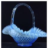 Fenton Opalescent Blue Hobnail Basket 10in H