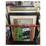 Art cart incl. Framed prints, largest one is