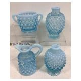 Vtg Fenton Blue/White Hobnail Cream & Sugar and 2