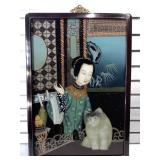 Chinese Reverse Painting on Glass Lady with Cat -