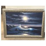 Signed Ocean at Night Painting on Canvas - 42x30