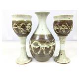 Ceramic vase bottle & goblets, two-tone speckled