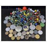 Vtg Marbles W/pouch & Foreign Currency