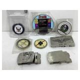Military belt buckles, Challenge coins, assorted