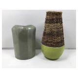 Vase w/rattan top & green crackled base & olive