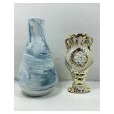 Ceramic vase, blue/ swirl design & gold-toned