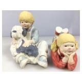 Clay painted boy w/dog & girl