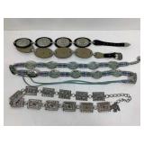Belts, beaded, silver color on leather & blue