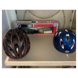 Mask and snorkels in box and 2 riding helmets