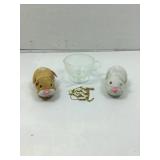 2 ZhuZhu pet hamsters, etched glass creamer cup