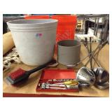 Large Planter, Tools, Buckets, Golf Clubs, and
