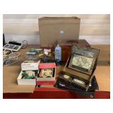 Vintage sewing box with contents, card and dice