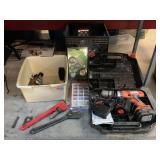 Firestorm drill in case, wire wheels and more.