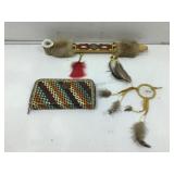 Native American-like peace pipe w/beads & fur,