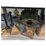 Decorative Pillows, Basket, Candlesticks, and