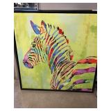Large Framed Zebra Painting on Canvas. Approx 33