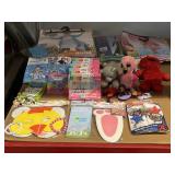 Party supplies, balloon bouquet, sidewalk chalk,