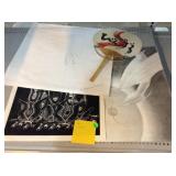 2 Signed Prints, Pencil Drawing, and Fan.