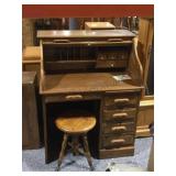 Roll top wood desk w/swivel stool, approx 35in
