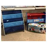 2 organizer racks and fabric character storage
