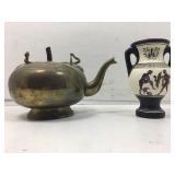 Greek style vase, pottery & brass teapot
