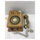 Vtg Wall-style mounted phone, wooden case w/brass