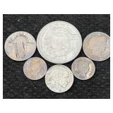2-90% Sillver Quarters, 2 Dimes, Buffalo Nickel &