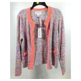 Sweater, tweed-look cardigan w/orange trim, sz M