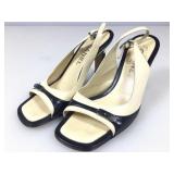 Chanel open toe sandal, beige/black, sz 5.5