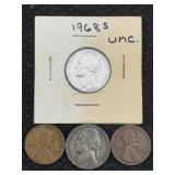 1968 S Unc Nickel, 2 Pennies & 1943 Nickel
