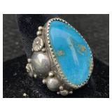 Sterling Navajo Signed Cn Ring W/turquoise 12.2g,