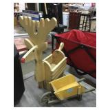 Wood reindeer decor and wheelbarrow, approx 23in