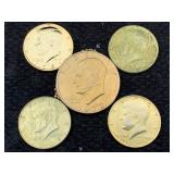 4 Gold-plated Jkf Half Dollars & 1 Ike Dollar
